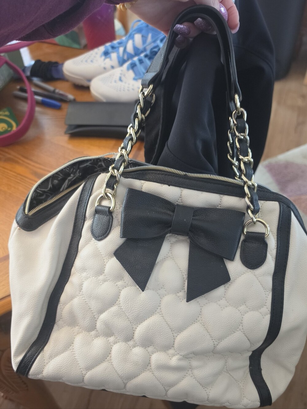 Betsey Johnson Quilted Heart Tote with Bow - Black & Cream Women’s Handbag